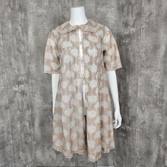Vintage Miss Glamour Womens Light Blue Tan Lace Overlay Short Robe Boudoir Pinup - Picture 1 of 13